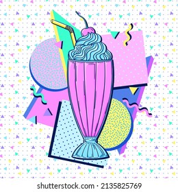 90s style milkshake poster. Retro sweet ice cream dessert pop art vector. 90s style vector. 1990s trendy illustration. Nostalgia for the 90s.