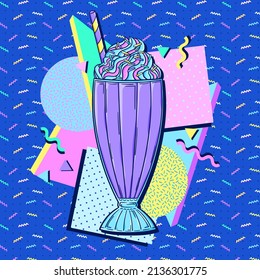 90s style milkshake poster. Retro sweet ice cream dessert pop art vector. 90s style vector. 1990s trendy illustration. Nostalgia for the 90s.