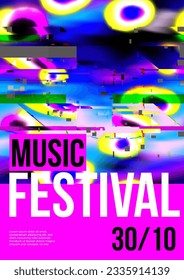 90s style music fest poster template. Banner with distorted abstract blurred pattern with colorful stains and damaged effect in blue, purple and yellow colors. Interference pattern. Festival placard