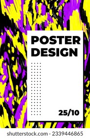 90s style music fest poster template with hand drawn pattern. Banner with animal stains in black, purple and yellow colors. Retro texture painted with chalk. Festival placard with typography