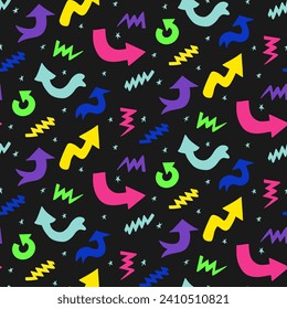 90s style neon colored vintage seamless pattern on black background. Different type of direction signs, hand drawn arrows, stars and abstract drawing. Good for social media graphics, background