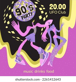 90s style party banner with funny dancing couple and disco ball. Retro illustration in cartoon style