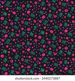Patrón de estilo de los años 90 con garabatos de color neón sobre fondo negro. Dibujado a mano garabatos de tinta, círculos, líneas. Concepto abstracto de moda. Bueno para gráficos de redes sociales, fondo