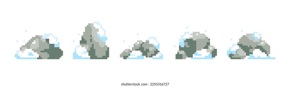 90s style pixel rocks collection. Winter season 8 bit rocks or stones or boulders. 