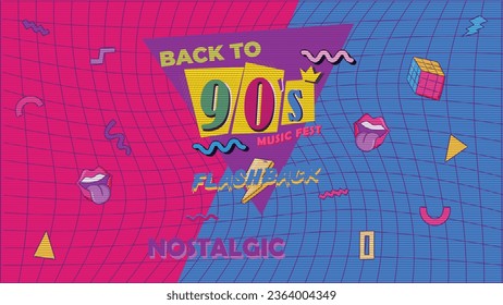90s style poster. Aesthetic music fest background and old fashion graphic 90s style. Vintage vector nostalgia for the 90s.