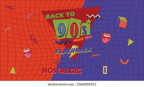 90s style poster. Aesthetic music fest background and old fashion graphic 90s style. Vintage vector nostalgia for the 90s.