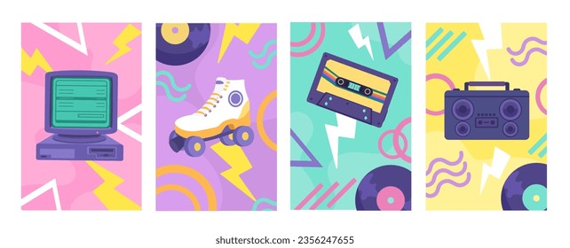 Afiches de estilo de los 90. Patines de computadora y rodillos con grabadora de cinta y discos de vinilo, casette. En los años 80 y 90. Colección vectorial plana de dibujos animados aislada en fondo blanco