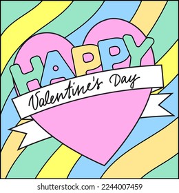 90s style retro Happy Valentine's day banner for social media. 2000s vibe. Vintage groovy hearts, lettering, pattern