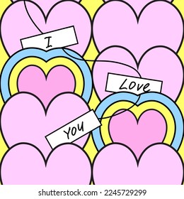 90s style retro Happy Valentine's day banner for social media. 2000s vibe. Vintage groovy hearts, lettering, pattern. I love you inscription