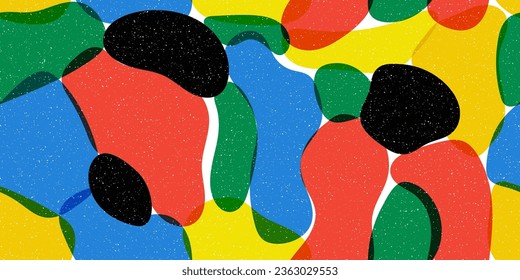 90s style retro seamless pattern with geometric shapes. Multi colored curved spots. Stained pattern with grainy texture. Risograph style background with layering and shifting shapes