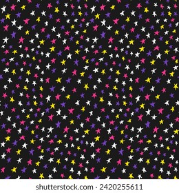 90s style seamless pattern with neon colored stars on black background. Hand drawn ink scribbles stars. Trendy abstract concept. Good for social media graphics, background