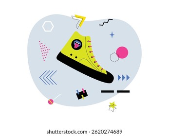 90's style shoes with vintage elements background, vector illustration.