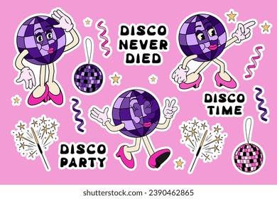 90s style sticker set with female disco ball character. Vintage funny cartoon character, disco party related items, groovy hand drawn lettering. Perfect for printout, stickers, prints