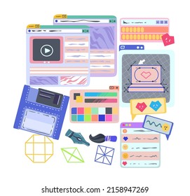 ui estilo 90. Abrir ventana de chat web, icono de internet, disquete, editor gráfico. Estilo de caricatura. Ilustración vectorial. Postales, imprimir para camisetas, pegatinas