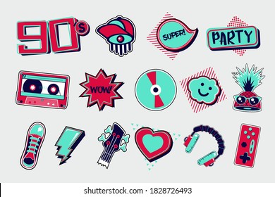 90s style vector icons. Funky signs set on isolated background. Cartoon vector illustrations. Party clip art.