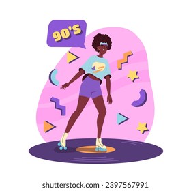 90s style woman concept. Young girl in trendy old clothes. Back to 1980s and 1990s. Era hippie. Positivity and optimism. Cartoon flat vector illustration isolated on white background