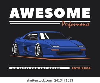 90s super car design illustration with blue coloring and simple striped background and text vector graphic