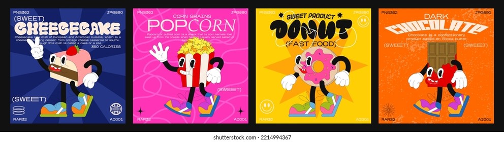 Personajes de caricatura de dulces de los 90. afiche de moda. personajes divertidos y coloridos en tarta de queso estilo doodle, donut, palomitas de maíz, chocolate, bizcocho con manos enguantadas. Ilustración vectorial con tipografía