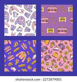 90s symbols seamless pattern set. Hand drawn groovy background collection with retro elements, 1990s symbols, fashion elements, skateboard, roller skate, tape recorder. Vector illustration