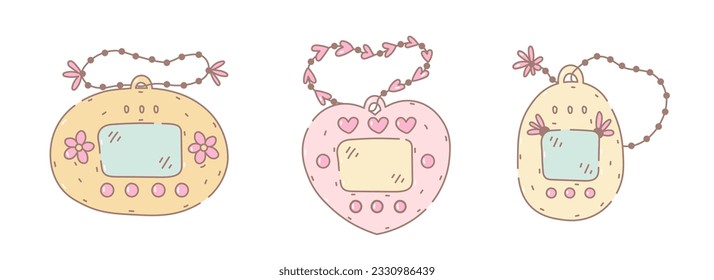 90s tamagotchi doodle set. Y2k vector illustration. Collection of cute nostalgic technologies. Various shapes decorated with flowers and hearts. 