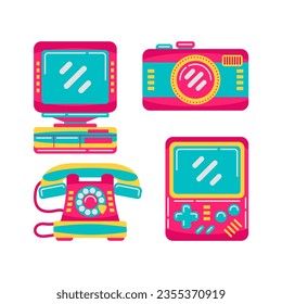 90s technology objects vector illustrations set