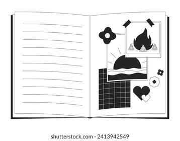 90s teenager secret diary black and white 2D line cartoon object. Memories summer girlish notebook isolated vector outline item. Hiking campfire, meet sunrise monochromatic flat spot illustration