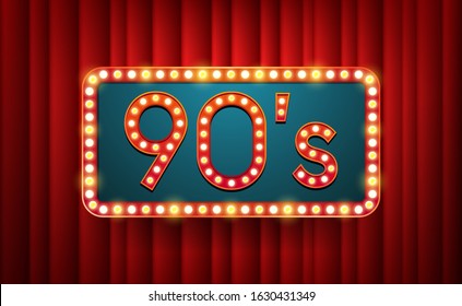 90's. text with electric bulbs frame on red background. Vector illustration