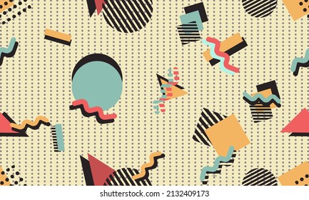 El fondo temático de los años 90 consiste en triángulos, círculos, cuadrados, rectángulos, ondas y puntos de polka en colores vintage.