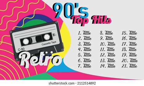 90's Top Hits Playlist, Retro cassette and tape recorder, Vector Illustration