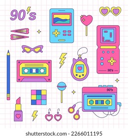 90s trendy retro icons collection. Bright vector illustration