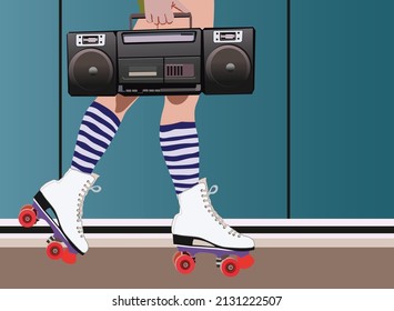 90s urban lifestyle by wearing roller skates and carrying portable cassette tapes