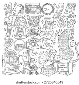Vector de contorno de Colección de San Valentín de los años 90, divertido Antiguas Valentine Line Art Doodle, retro Y2K Love Coloring Page Diseño dibujado a mano