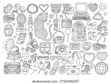 Vector de contorno de Colección de San Valentín de los años 90, divertido Antiguas Valentine Line Art Doodle, retro Y2K Love Coloring Page Diseño dibujado a mano