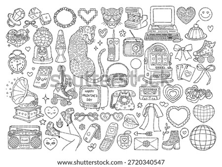 90s Valentine Collection Outline Vector, Funny Vintage Valentine Line Art Doodle, Retro Y2K Love Coloring Page Hand Drawn Design