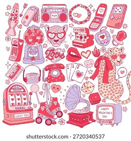 Vector de Colección de San Valentín de los años 90, divertido Antiguas Valentine Doodle, Vector de diseño de moda retro Y2K Love dibujado a mano