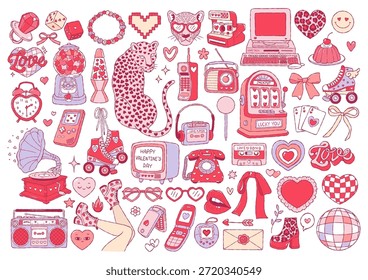 Vector de Colección de San Valentín de los años 90, divertido Antiguas Valentine Doodle, Vector de diseño de moda retro Y2K Love dibujado a mano