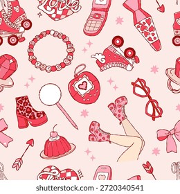 90er Jahre Valentine nahtloses Muster, Trendy Retro Girly Love Digitalpapier, Vintage Love Y2K Rapport Pattern Design Vektor
