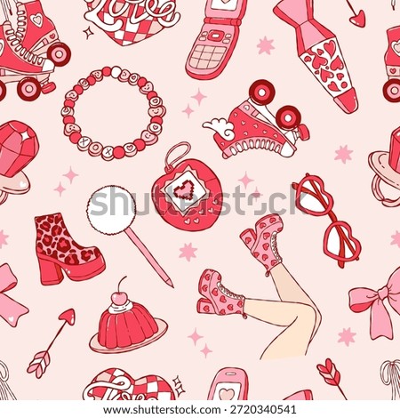 90s Valentine Seamless Pattern, Trendy Retro Girly Love Digital Paper, Vintage Love Y2K Repeat Pattern Design Vector