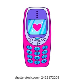 90s Valentines day card in flat style, line style. Hand drawn mobile phone vector illustration. Patch, badge, emblem.