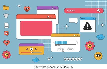 90s vaporwave aesthetics with retro computer elements in vector UI. Retro browser computer window style with smile face sticker. PC desktop with various UI elements, all in the iconic 90s style.