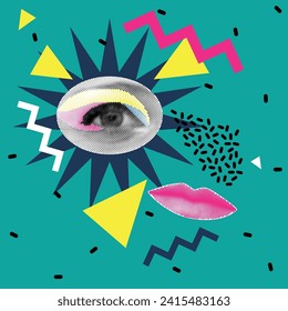 The 90s vector illustration. Eyes and lips halftone.