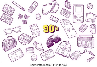 90s vector illustration. outline minimalistic set of nostalgia for 90s. illustration with isolated gadgets, cassettes, accessories, clothes on a white background