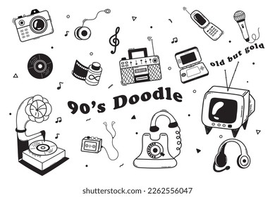 Vektorgrafik der 90er Jahre. Grundriss minimalistischer Nostalgie für die 90er Jahre. Illustration mit alleinigen Gadgets, Kassetten, Accessoires, Kleidung auf weißem Hintergrund. 90er Jahre doodles Illustration.