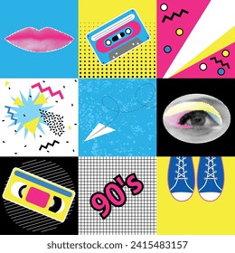 The 90s vector seamless pattern. Eyes and lips halftone.