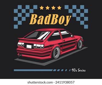 90s vehicle in back view with red accent mixing with abstract background and text for vector illustration design