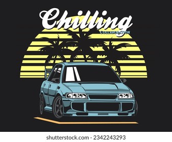 90s vehicle image mix with sunset and coconut trees vector design