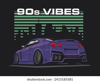 90s vehicle modification design illustration with abstract backdrop and text vector graphic