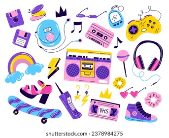 90s vibes: hand drawn vector 90s element collection isolated on white. Sticker set, flat style. Radio, headphones, skateboard, floppy disk..