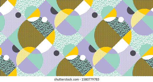 90s vibes pale color geometry seamless pattern for background, fabric, textile, wrap, surface, web and print design. Dynamic sporty chaos vector rapport.
