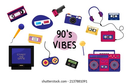 90s vibes set. Trendy 1990s elements collection. Retro technic, things, entertainment and music equipment isolated on white background. Back to 90s vector flat illustration. 